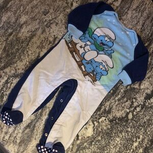 Smurf Print Blue & White Baby Footed One-Piece